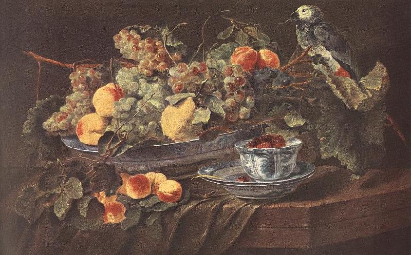 FYT, Jan Still-life with Fruits and Parrot sdg France oil painting art